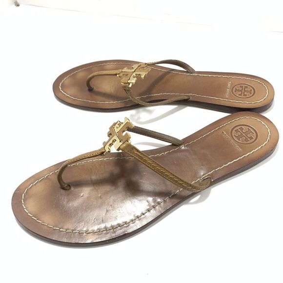 Tory Burch Golden Metal Logo T-Strap Leather Flat Sandals Size 9 Womens - Picture 5 of 11